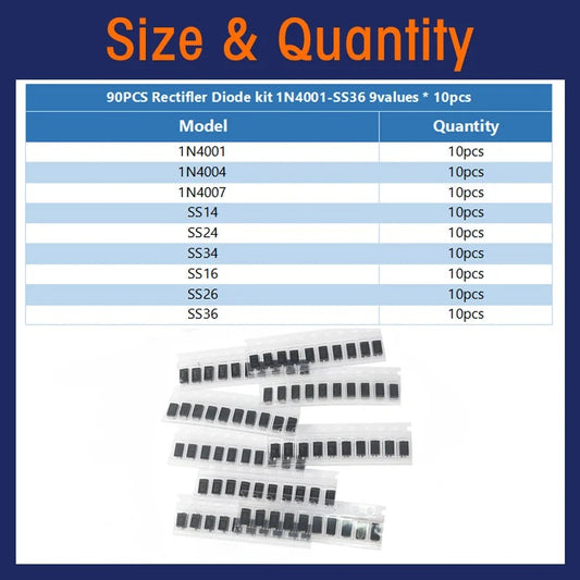 70/90pcs SMA SMD Rectifier Diode Kit 1N4001 1N4004 1N4007 SS14 SS24 SS34 SS16 SS26 SS36 for DIY PCB Circuit Board Projects